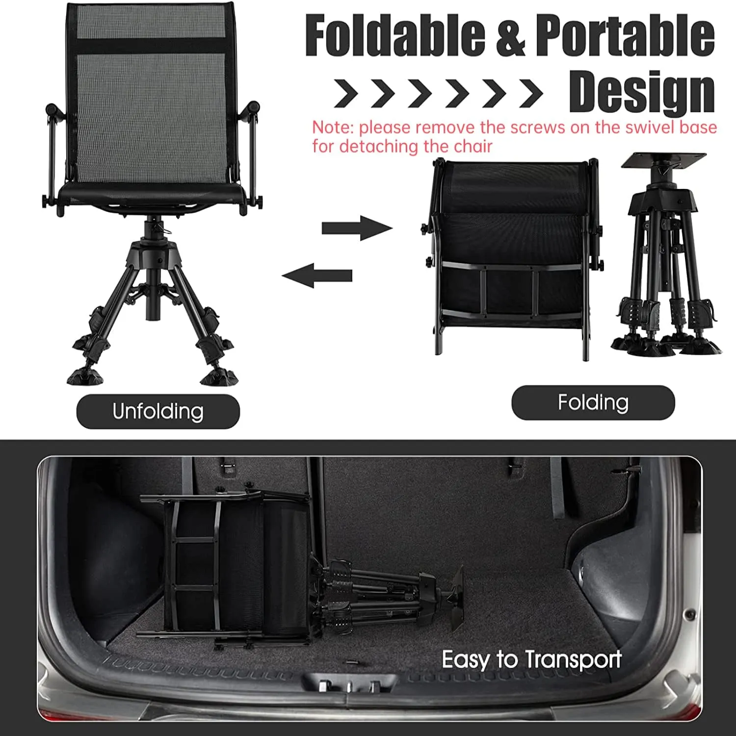 Tangkula Hunting Chair, 360 Degree Silent Swivel Blind Chair with 4 Adjustable Legs, Foot Pads & Armrests, Portable Folding Hunting Chairs for Blinds, Fishing, Camping