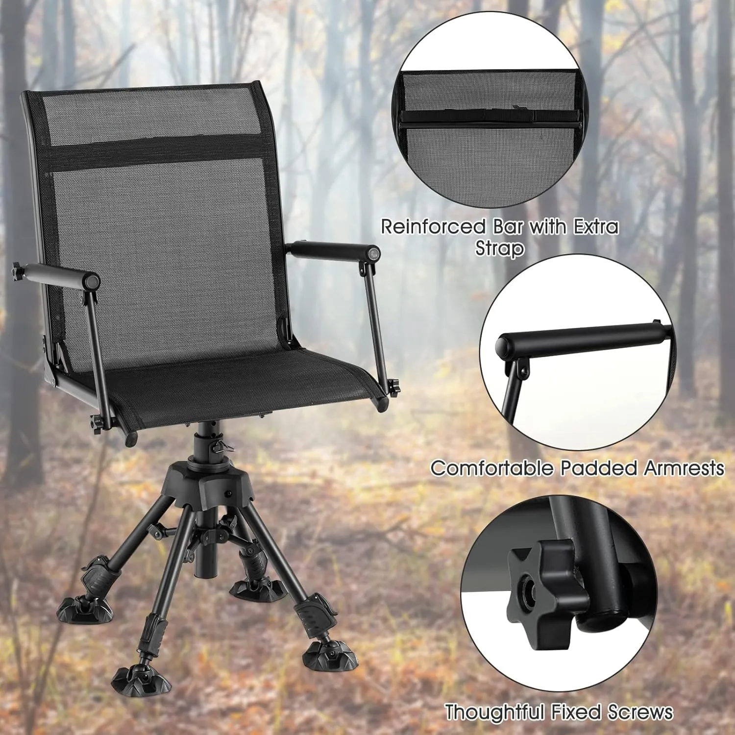 Tangkula Hunting Chair, 360 Degree Silent Swivel Blind Chair with 4 Adjustable Legs, Foot Pads & Armrests, Portable Folding Hunting Chairs for Blinds, Fishing, Camping