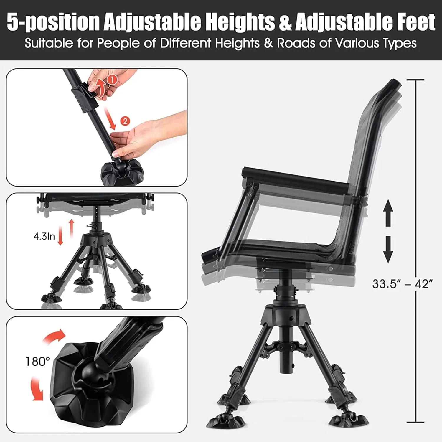 Tangkula Hunting Chair, 360 Degree Silent Swivel Blind Chair with 4 Adjustable Legs, Foot Pads & Armrests, Portable Folding Hunting Chairs for Blinds, Fishing, Camping