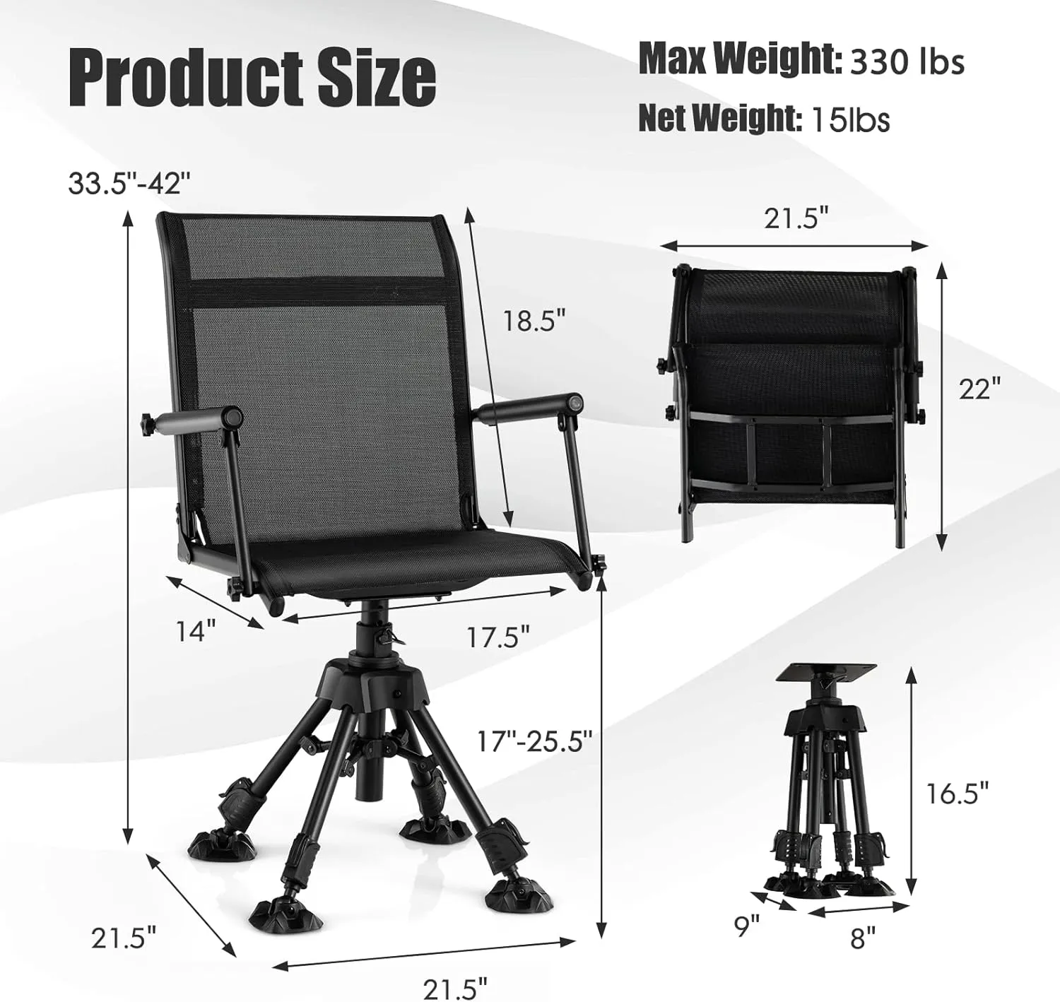 Tangkula Hunting Chair, 360 Degree Silent Swivel Blind Chair with 4 Adjustable Legs, Foot Pads & Armrests, Portable Folding Hunting Chairs for Blinds, Fishing, Camping