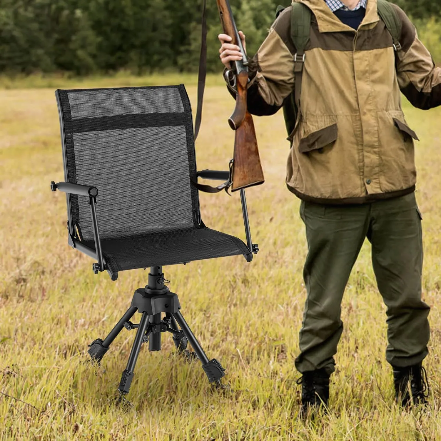 Tangkula Hunting Chair, 360 Degree Silent Swivel Blind Chair with 4 Adjustable Legs, Foot Pads & Armrests, Portable Folding Hunting Chairs for Blinds, Fishing, Camping