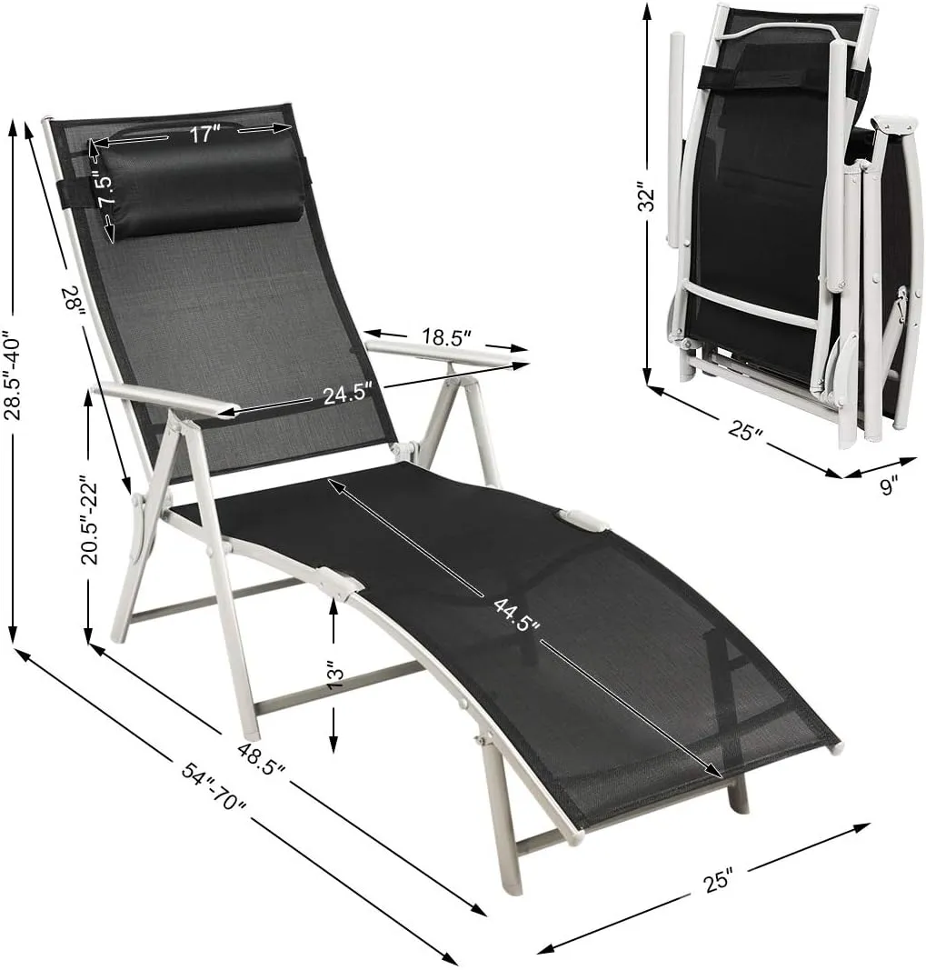 Tangkula Outdoor Folding Chaise Lounge Chair, Lightweight Recliner Chair w/ 7 Adjustable Backrest Positions, Patio Reclining Beach w/Removable Cushion & Pillow for Patio Poolside No Assembly Required