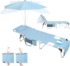 Tanning Chair with UPF 50  360 Adjustable Umbrella, Heavy Duty Folding Tanning Chair with Face/Arm Hole Canopy Shade for Beach Poolside Patio Sunbathing Lawn Camping Sun, 300LBS