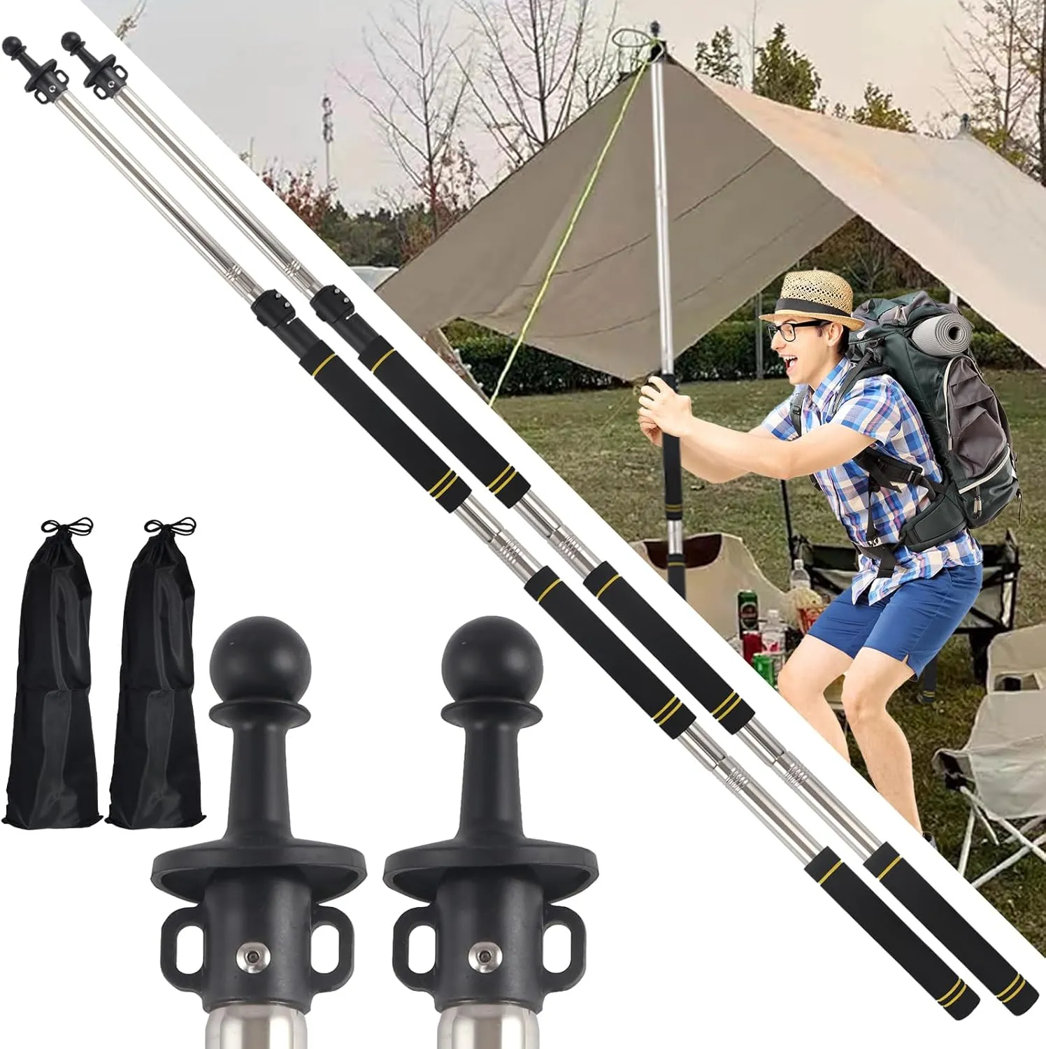Tarp Poles,Tent Poles Set of 2 2Ft to 6Ft Replacement Canopy Poles Heavy Duty Telescoping Tent Poles for Tarp Outdoor Camping Awning Poles Adjustable Sturdy Durable Shade Cloth Poles
