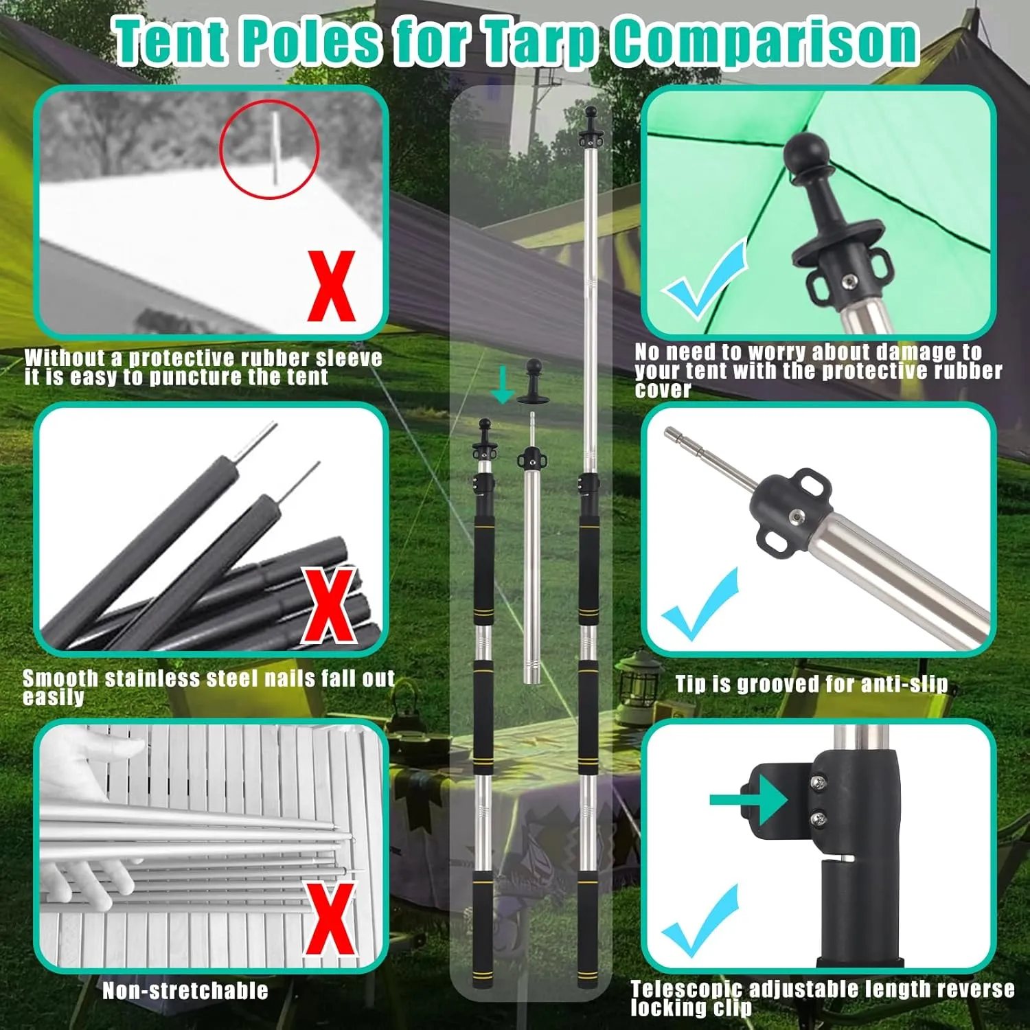 Tarp Poles,Tent Poles Set of 2 2Ft to 6Ft Replacement Canopy Poles Heavy Duty Telescoping Tent Poles for Tarp Outdoor Camping Awning Poles Adjustable Sturdy Durable Shade Cloth Poles