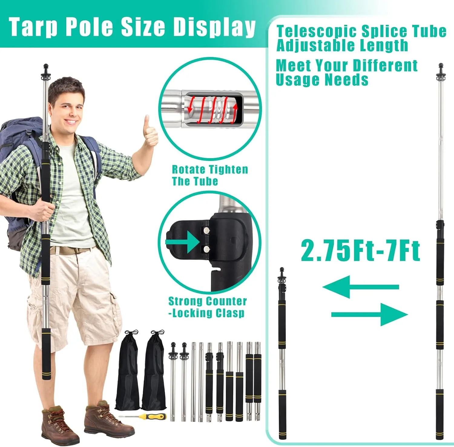 Tarp Poles,Tent Poles Set of 2 2Ft to 6Ft Replacement Canopy Poles Heavy Duty Telescoping Tent Poles for Tarp Outdoor Camping Awning Poles Adjustable Sturdy Durable Shade Cloth Poles