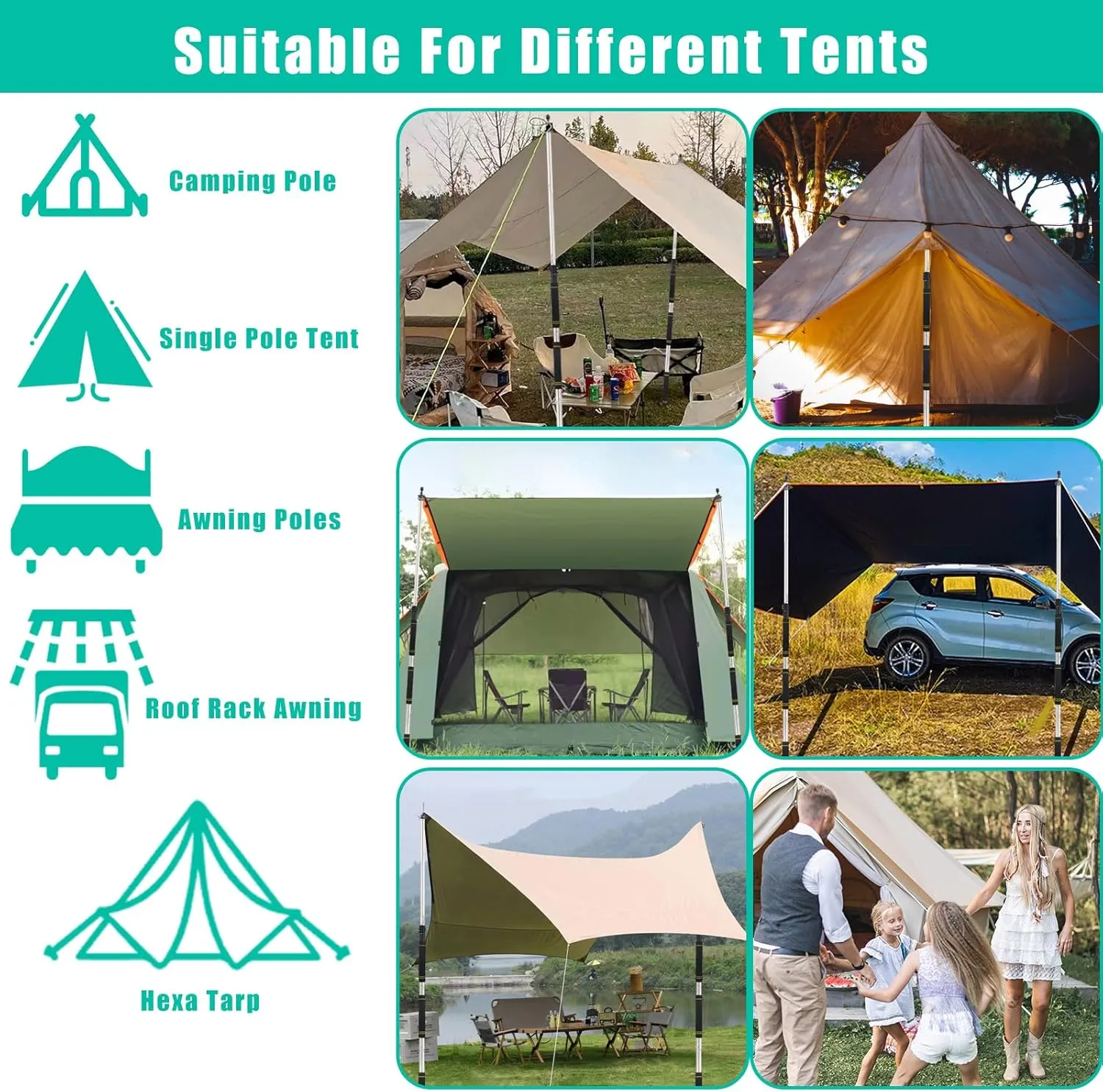 Tarp Poles,Tent Poles Set of 2 2Ft to 6Ft Replacement Canopy Poles Heavy Duty Telescoping Tent Poles for Tarp Outdoor Camping Awning Poles Adjustable Sturdy Durable Shade Cloth Poles