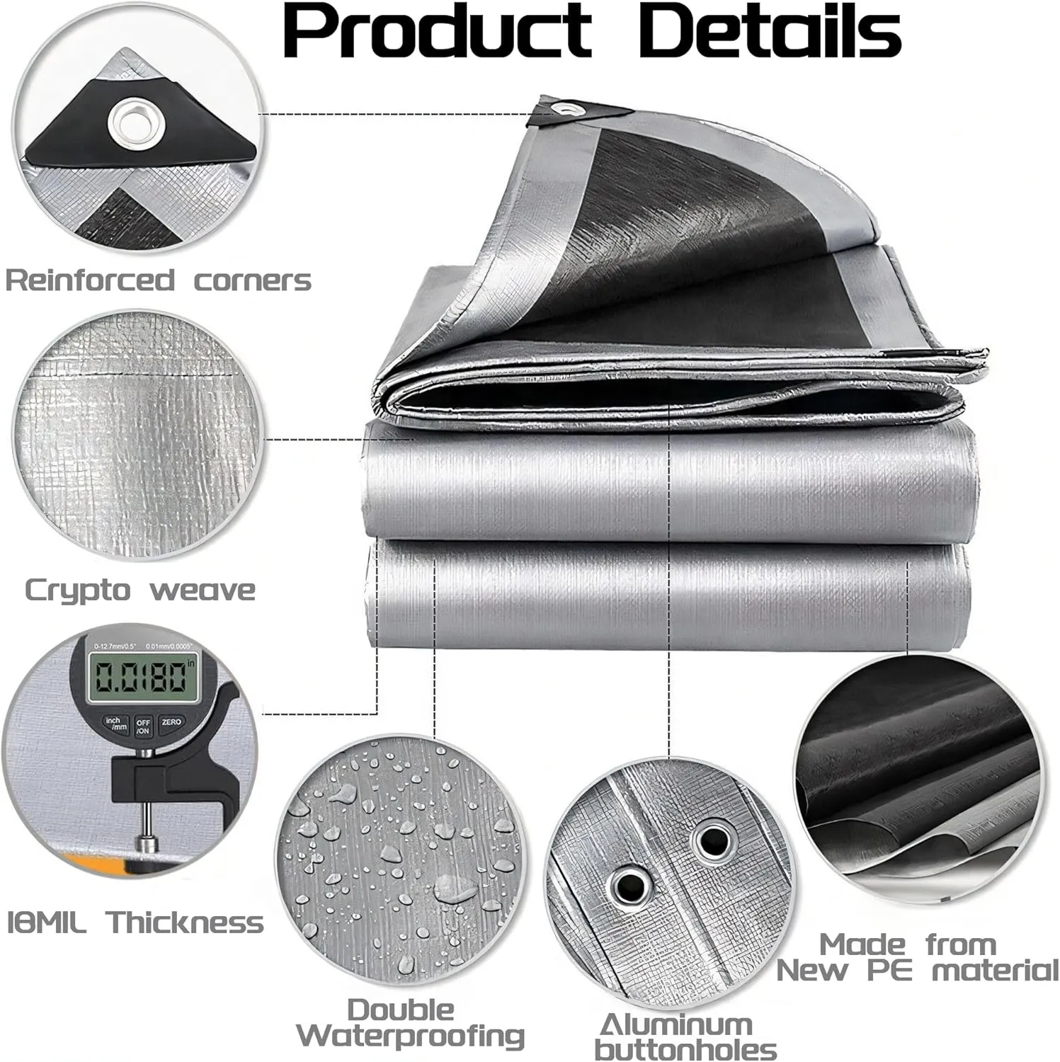 Tarps Heavy Duty Waterproof 24' x 50' - 18 Mil Silver Poly Tarp Cover, UV & Rip Resistant Tarpaulin with Grommets and Reinforced Edges for Roof, Patio, Camping, Boat, Pool, Finished Size