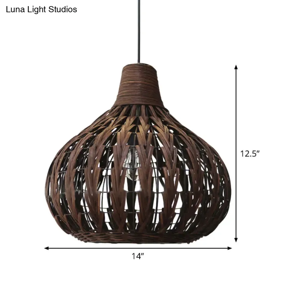 Teardrop Rattan Hanging Light - Asian-inspired Coffee Brown 14"/23.5" Wide - Coffee Suspended Lighting Fixture