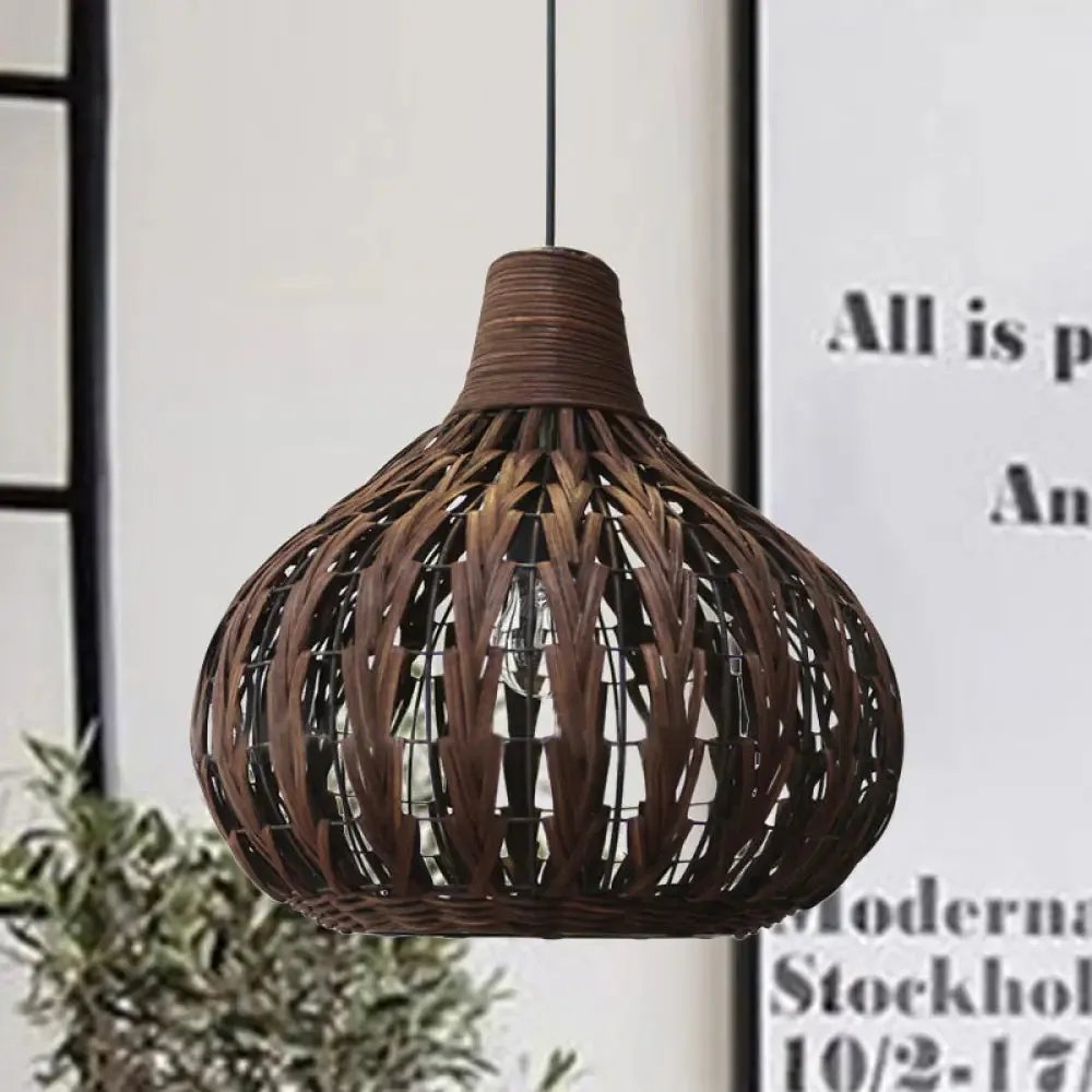Teardrop Rattan Hanging Light - Asian-inspired Coffee Brown 14"/23.5" Wide - Coffee Suspended Lighting Fixture