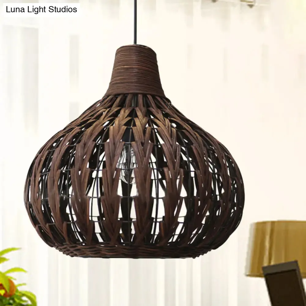 Teardrop Rattan Hanging Light - Asian-inspired Coffee Brown 14"/23.5" Wide - Coffee Suspended Lighting Fixture