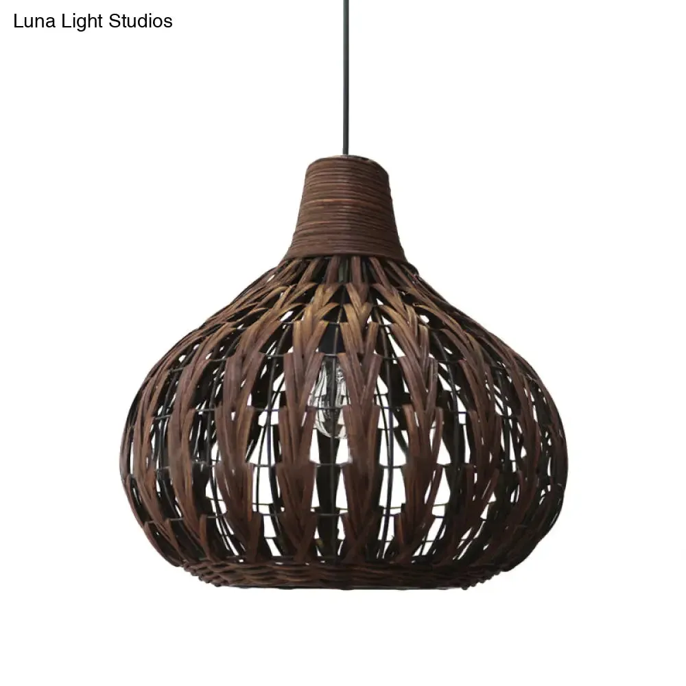 Teardrop Rattan Hanging Light - Asian-inspired Coffee Brown 14"/23.5" Wide - Coffee Suspended Lighting Fixture