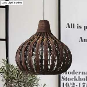 Teardrop Rattan Hanging Light - Asian-inspired Coffee Brown 14"/23.5" Wide - Coffee Suspended Lighting Fixture