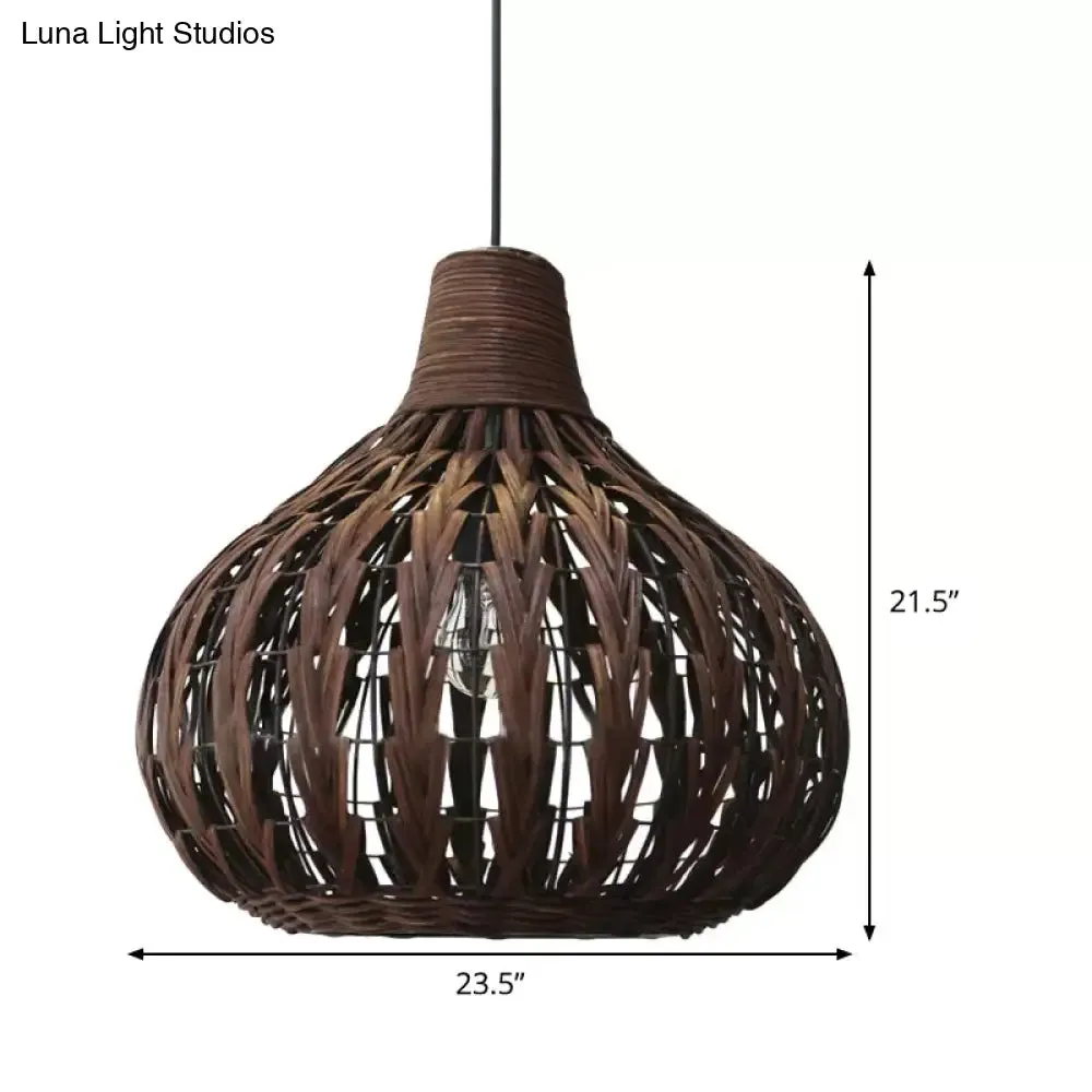 Teardrop Rattan Hanging Light - Asian-inspired Coffee Brown 14"/23.5" Wide - Coffee Suspended Lighting Fixture