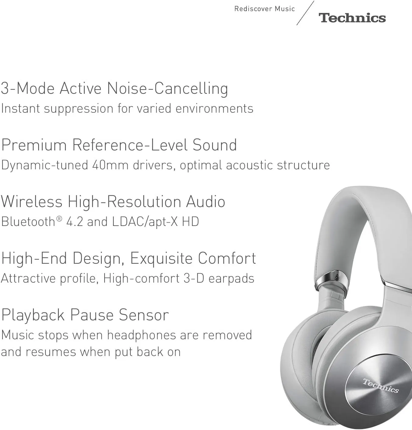 Technics Premium Hi-Res Wireless Bluetooth Stereo Headphones with 40 mm Dynamic-Tuned Drivers, 3-Mode Active Noise Cancelling, Ambient Sound Enhancer and Playback Pause Sensor - EAH-F70N-S (Silver)
