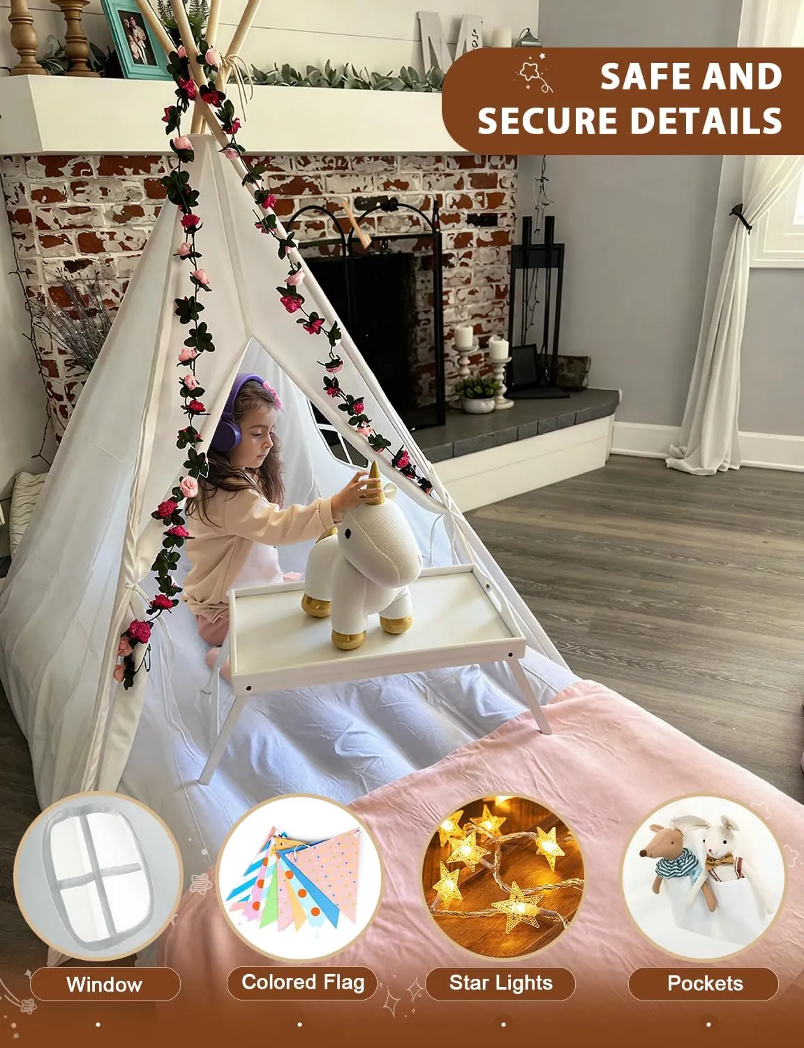 Teepee Play Tent for Kids with Gifts Coloured Flag, Feathers and Carry Case, Indoor Outdoor Playhouse for Baby Toddler, Teepee Toys for Boys and Girls