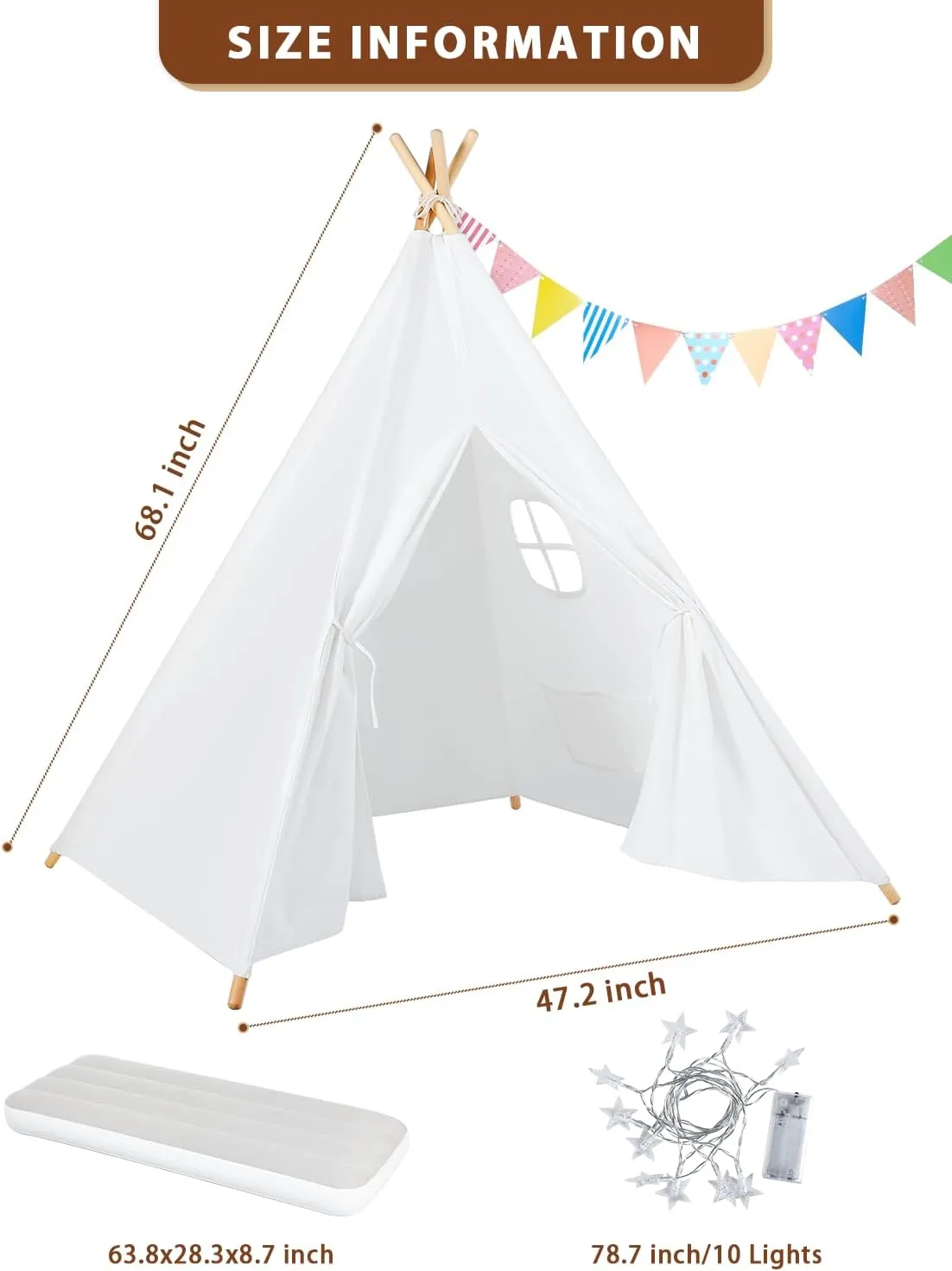 Teepee Play Tent for Kids with Gifts Coloured Flag, Feathers and Carry Case, Indoor Outdoor Playhouse for Baby Toddler, Teepee Toys for Boys and Girls