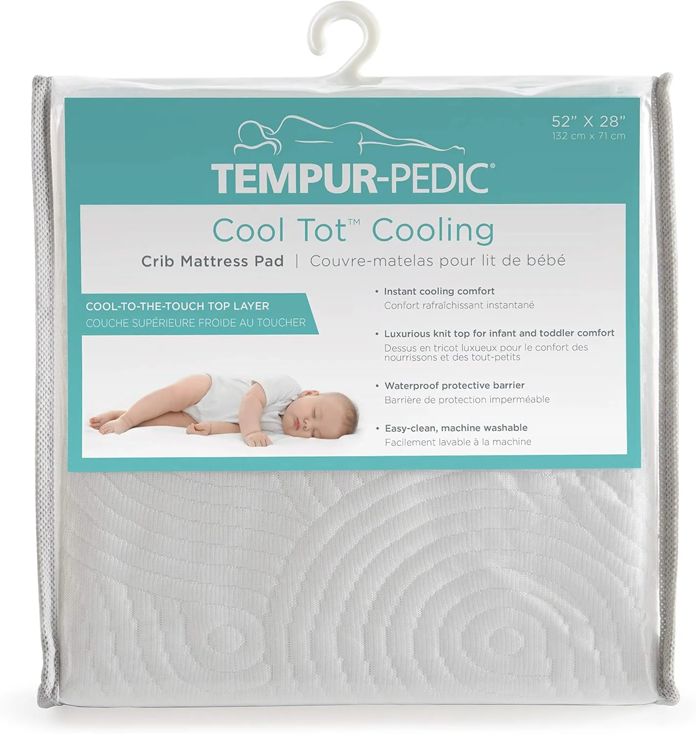 Tempur-Pedic Cool Tot Cooling Fitted Waterproof Infant and Baby Crib Mattress Protector Pad & Toddler Bed Cover, Comfortable and Luxurious Topper, Machine Washable and Dryer Friendly, 52” x 28”- White
