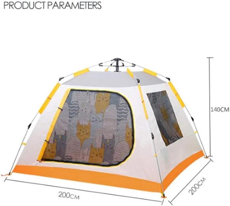Tent for Camping Automatic Pop Up Tent Family Cat Pattern Camping Tent 3 4 Person with 3 Mesh Windows Waterproof Instant Tent Large Space for Picnic Outdoors (Color : Yellow)