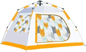 Tent for Camping Automatic Pop Up Tent Family Cat Pattern Camping Tent 3 4 Person with 3 Mesh Windows Waterproof Instant Tent Large Space for Picnic Outdoors (Color : Yellow)