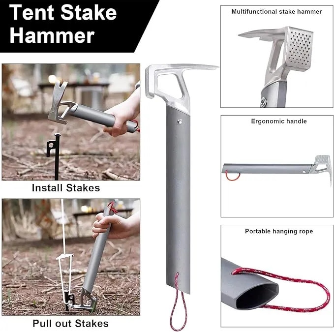 Tent Stake Hammer - Multifunctional Tent Stake Hammer for Rocky Terrains - Lightweight Camping Hammer with Bottle Opener -Ultimate Camp Hammer for All Campers (Tent Stake Hammer-Gray)