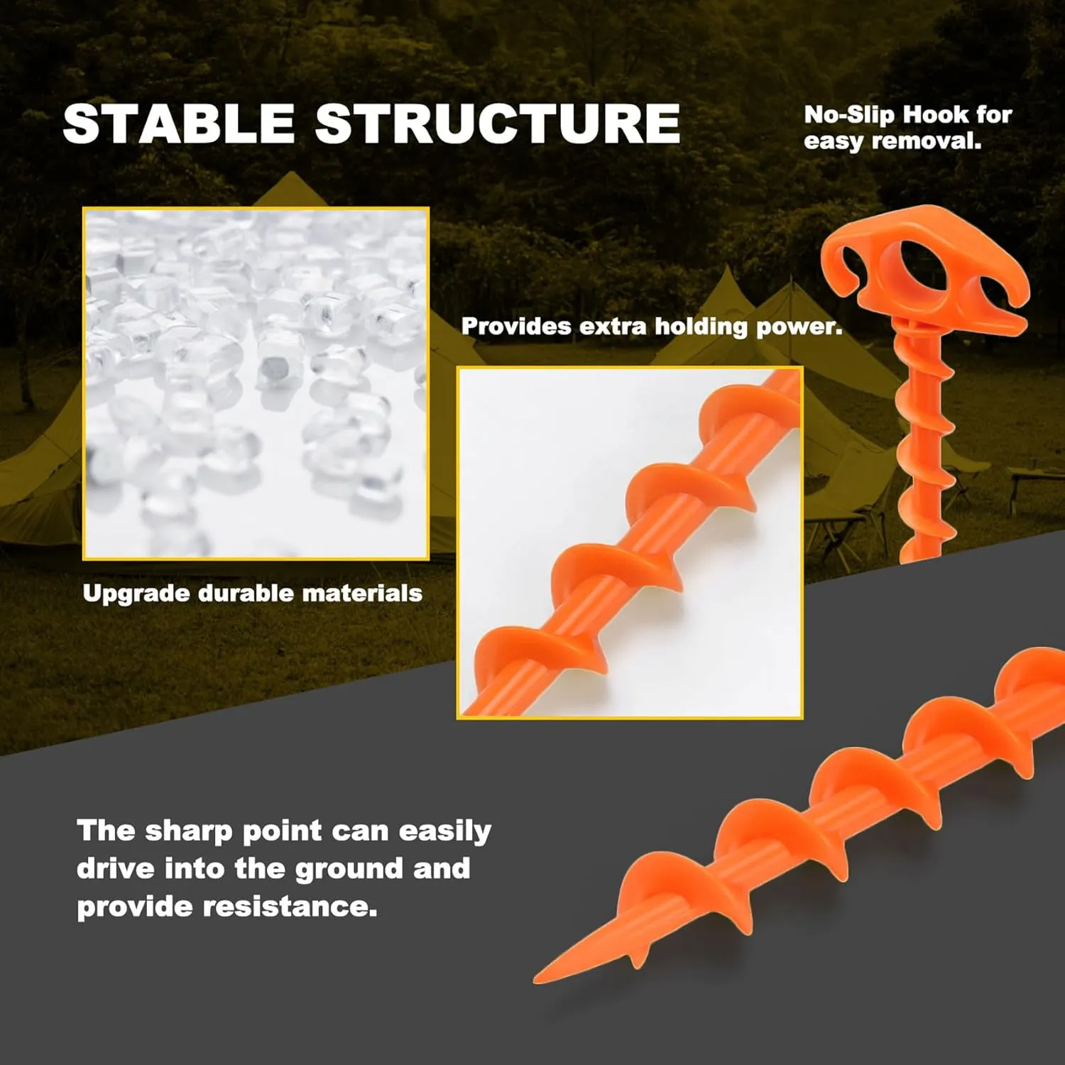 Tent Stakes Sand Stakes for Beach Tent Spiral Anchor Stakes 9.4 Inch Heavy Duty Screw Canopy Stakes for Camping, Hiking and More (10, Orange)