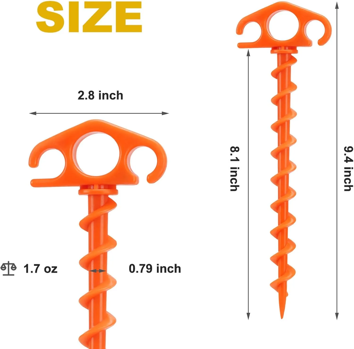 Tent Stakes Sand Stakes for Beach Tent Spiral Anchor Stakes 9.4 Inch Heavy Duty Screw Canopy Stakes for Camping, Hiking and More (10, Orange)