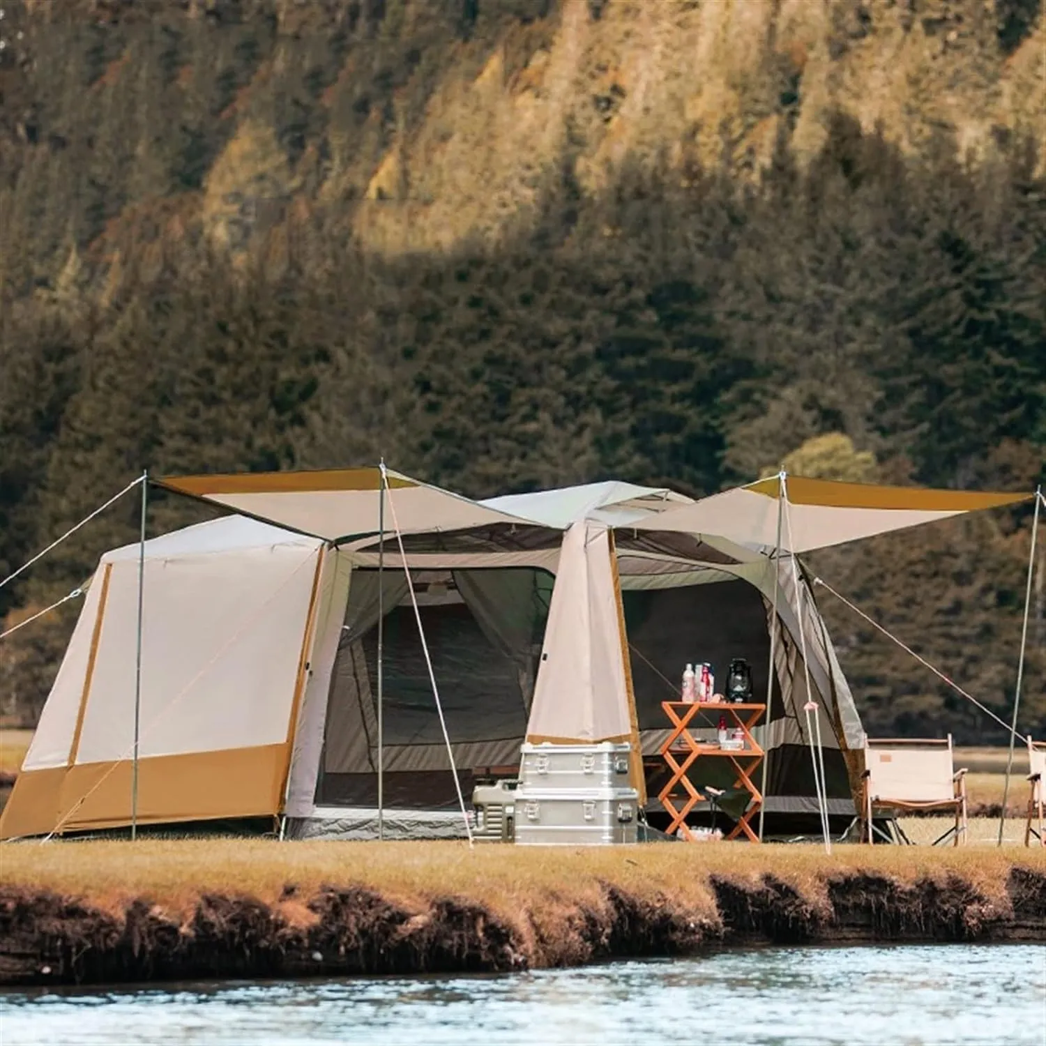 Tents 435 * 285 * 195CM Large Camping Tent Outdoor Outdoor House Two Room and One Living Big Space for 4-8 Person Rainroof Automatic Tent (Dark Green One Size)