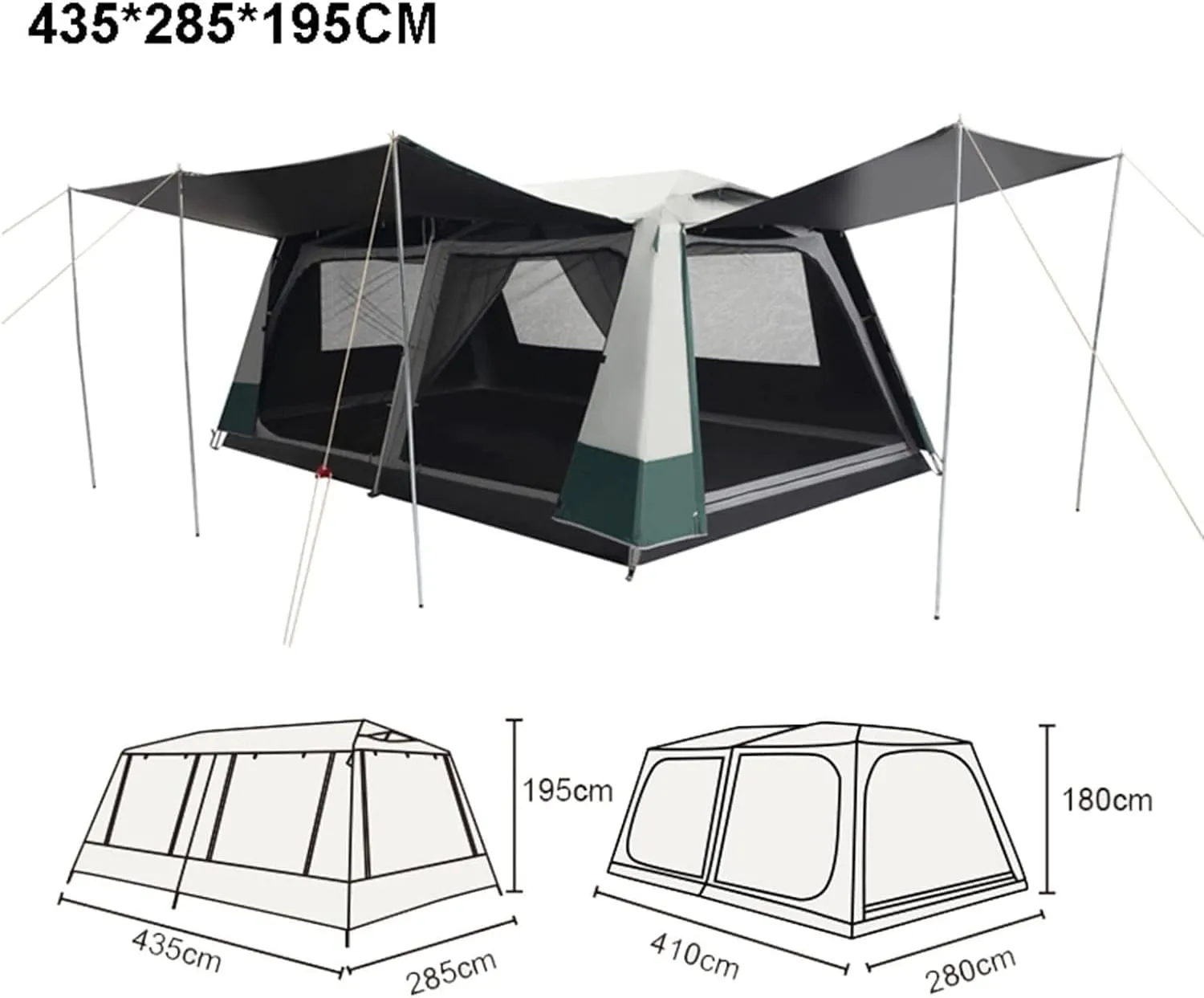 Tents 435 * 285 * 195CM Large Camping Tent Outdoor Outdoor House Two Room and One Living Big Space for 4-8 Person Rainroof Automatic Tent (Dark Green One Size)