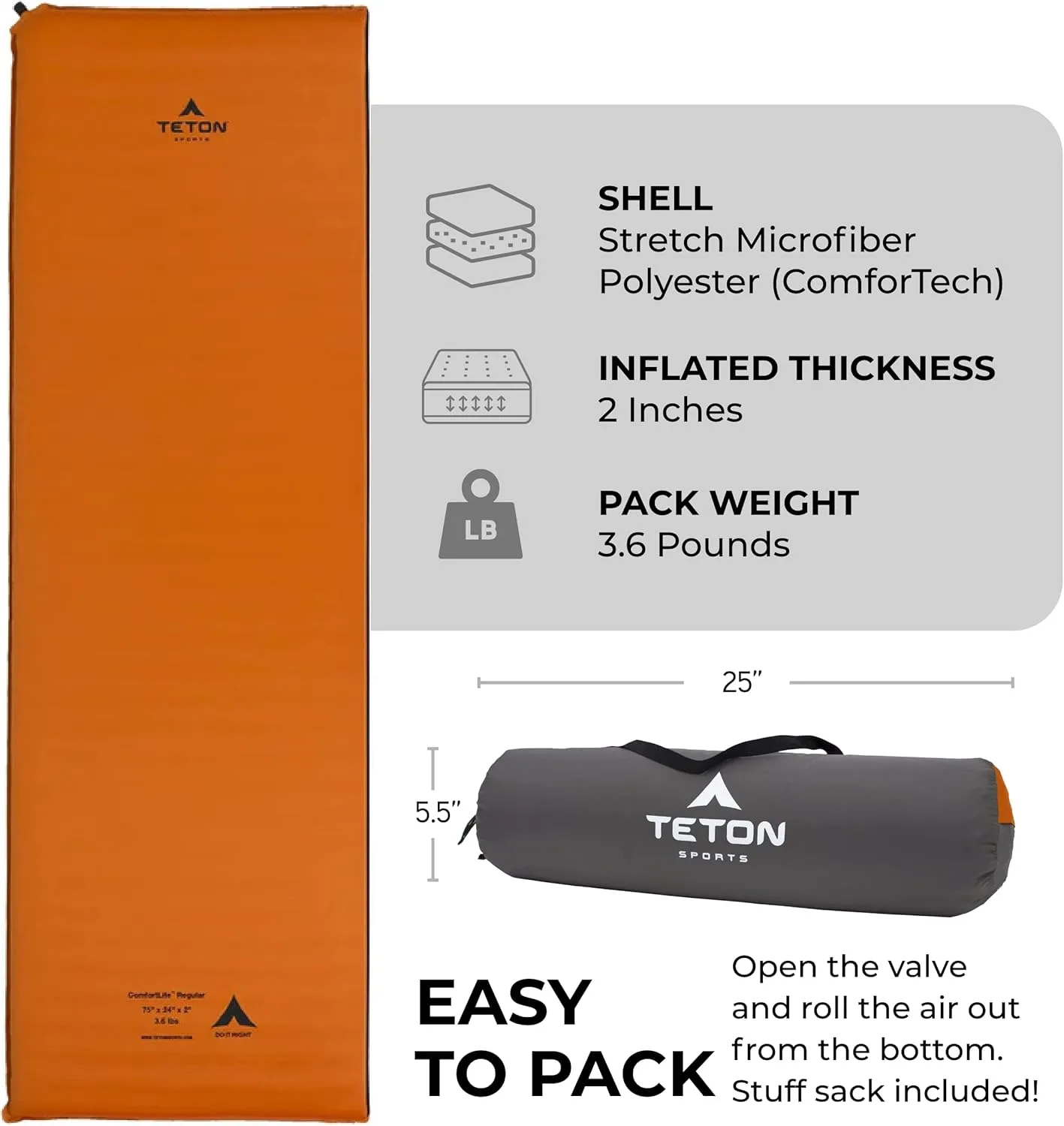 Teton Self Inflating Sleeping Pad, Inflatable Camping Sleeping Pads, Compact Mat for Camping, Backpacking, and Hiking.
