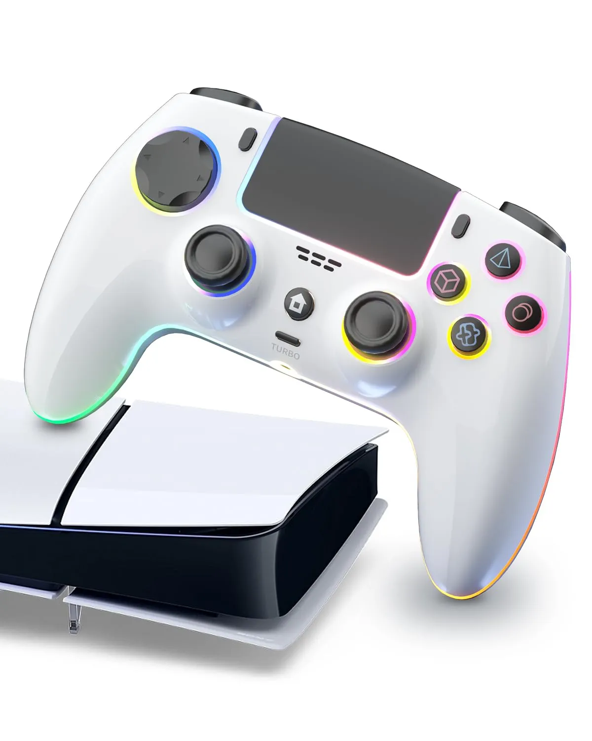 ThinTree Wireless Controller Compatible for PS-5/Pro/Slim//PC, 7 RGB LED Mode & haptic Feedback & 1500 mAH Battery & Motion Sensing, 3.5mm Audio Jack (White and Black)