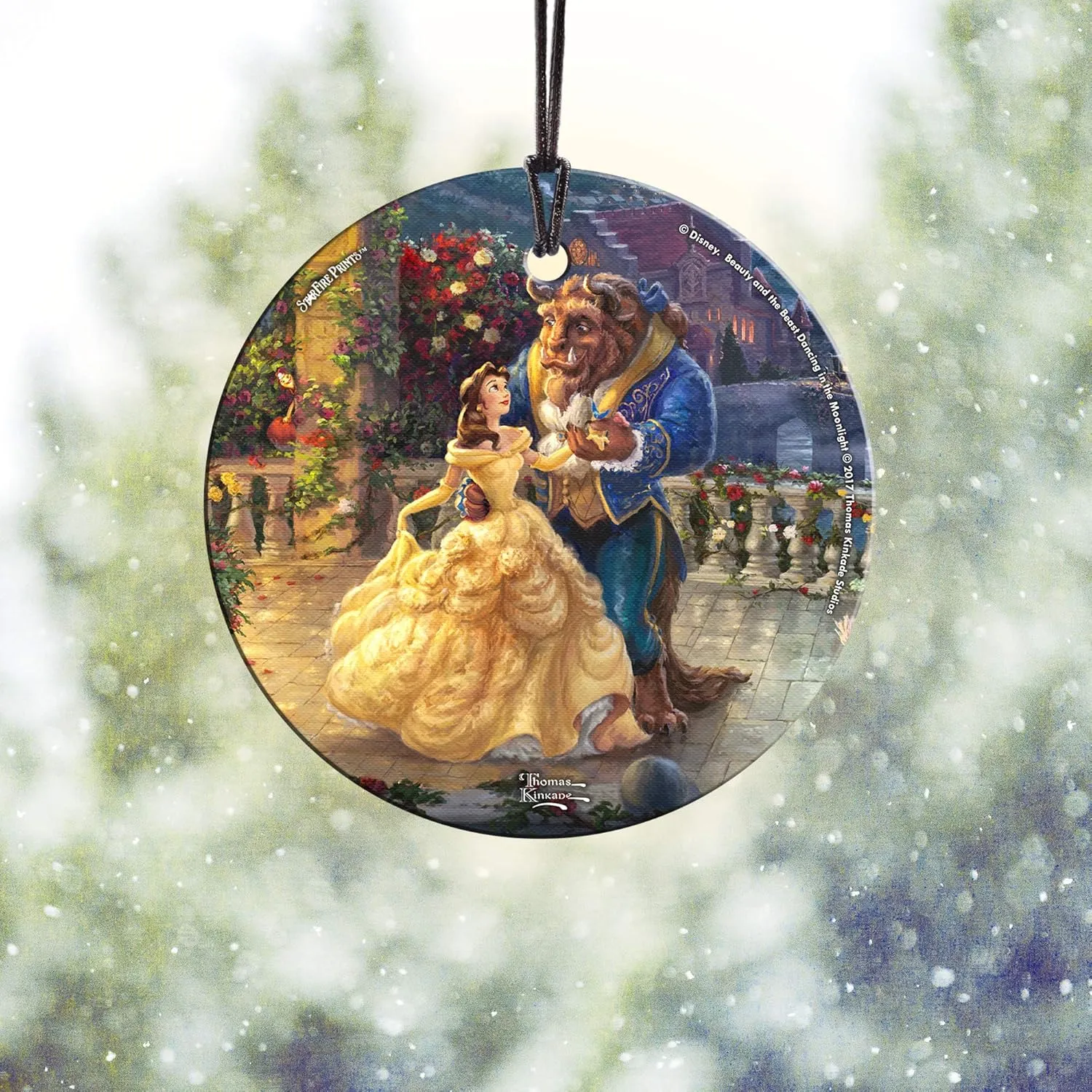 Thomas Kinkade Disney Dancing in The Moonlight Beauty and The Beast 3.5” Starfire Prints Hanging Glass Print Accessory