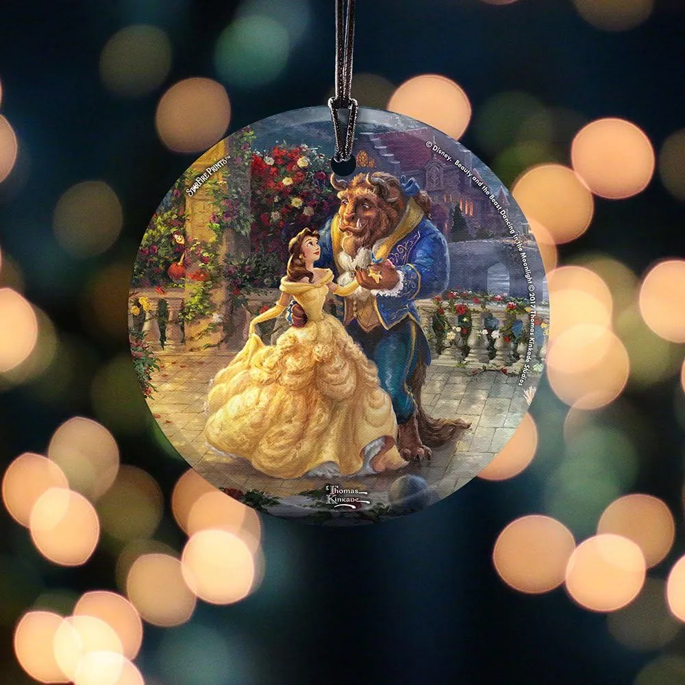 Thomas Kinkade Disney Dancing in The Moonlight Beauty and The Beast 3.5” Starfire Prints Hanging Glass Print Accessory