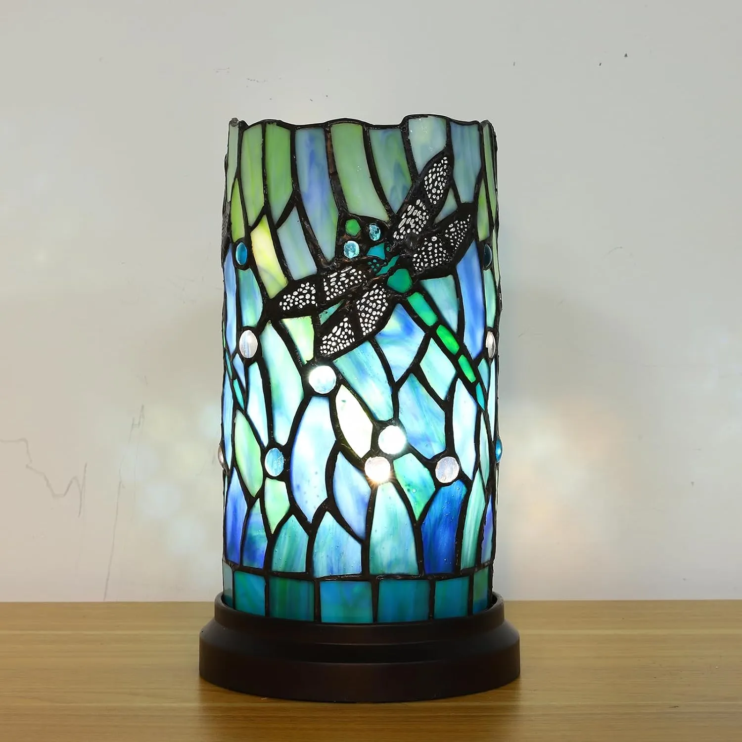 Tiffany Style Table Lamp for Bedroom Baroque Stained Glass Nightstand Bedside Night Lamp Party Light Hand-Made Art Home Deco Christmas Gifts W/ 2 LED Bulbs (3 Color Temperatures Flame Bulb)