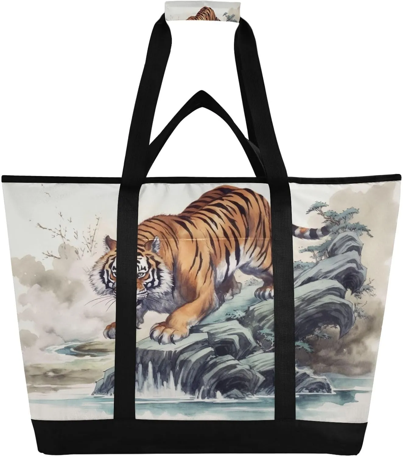 Tiger Reusable Insulated Lunchbox Cooler Bag, Leakproof Kitchen Grocery Bag Collapsible Portable Cooler Tote Bag for Picnic, Camping, Office, Travel