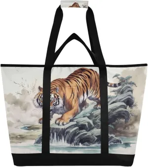 Tiger Reusable Insulated Lunchbox Cooler Bag, Leakproof Kitchen Grocery Bag Collapsible Portable Cooler Tote Bag for Picnic, Camping, Office, Travel