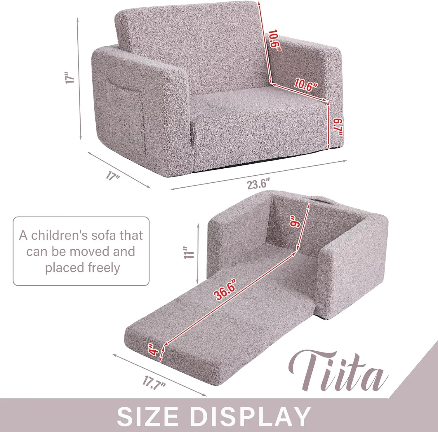 Tiita Kids Sofa, 2-in-1 Todder Couch, Convertible Children Couch to Lounger, Flip Out Kids Sofa Chair, Toddler Armrest Chair Bed, Folding Kids Play Sofa for Girl or Boy (Grey)