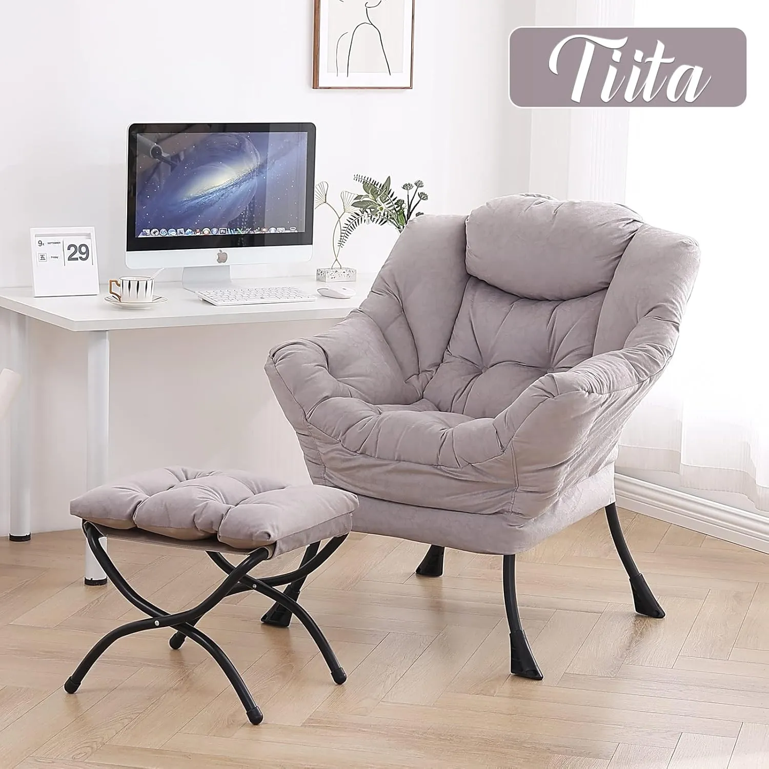 Tiita Modern Lazy Chair with Ottoman, Large Accent Armchair, Leisure Sofa Armchair with Footrest for Bedroom, Living Room, and Dorm Rooms