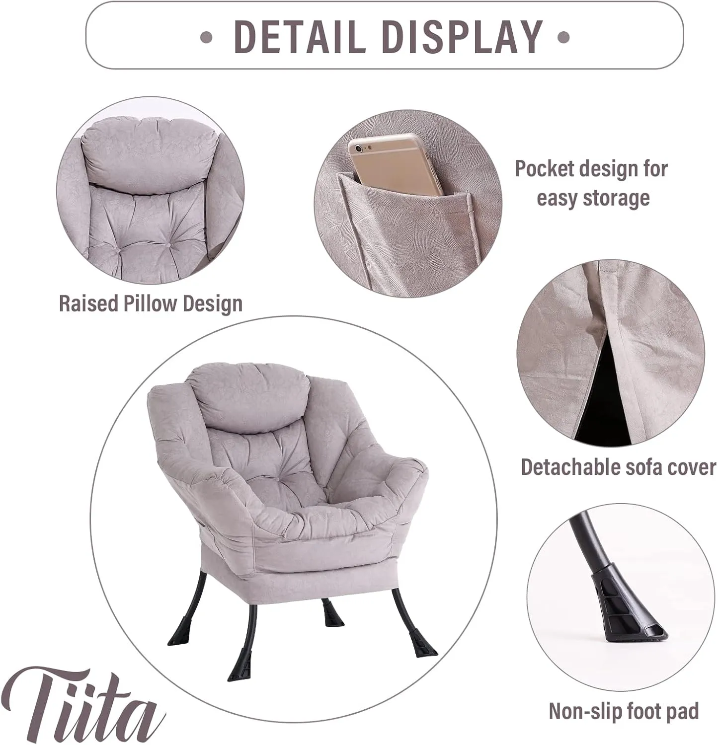 Tiita Modern Lazy Chair with Ottoman, Large Accent Armchair, Leisure Sofa Armchair with Footrest for Bedroom, Living Room, and Dorm Rooms