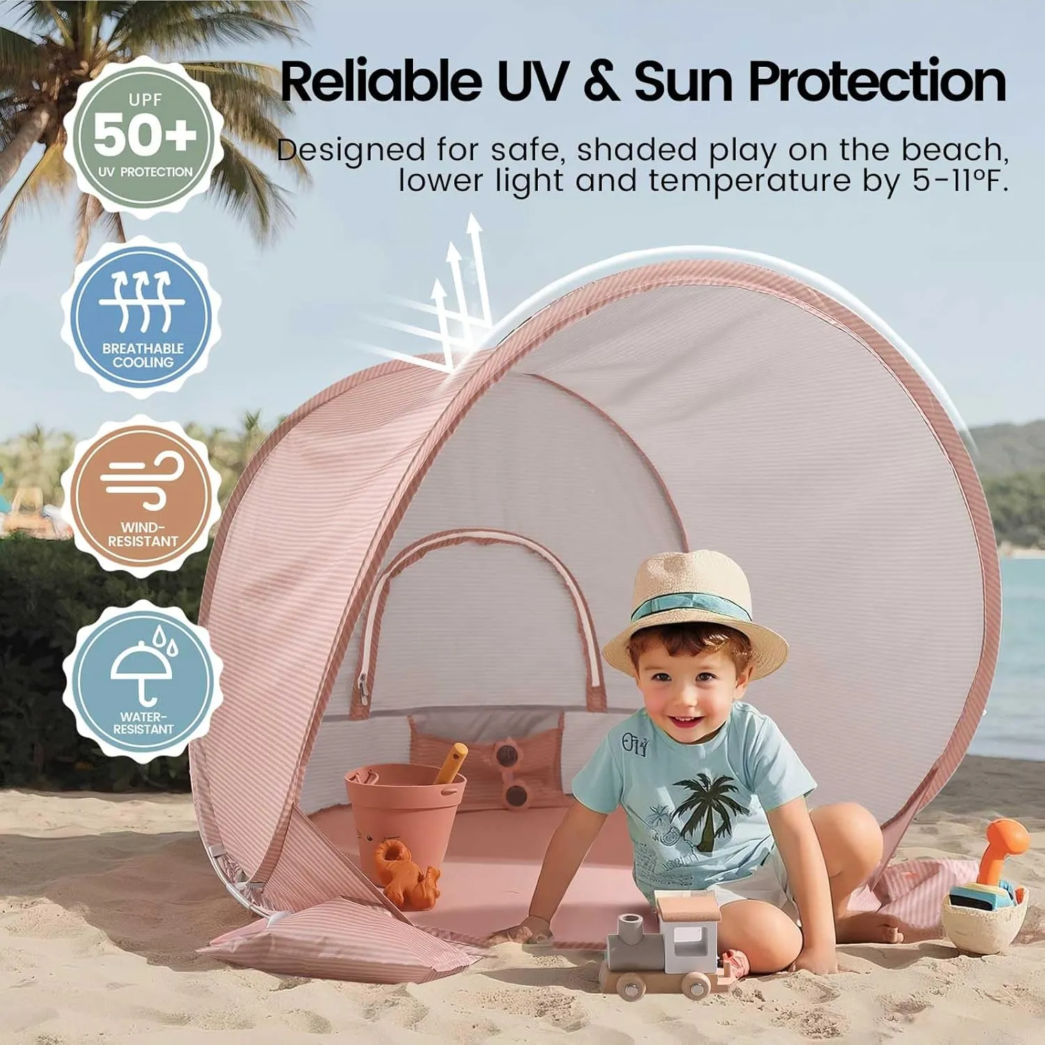 Tiny Land Baby Beach Tent – Pop Up Baby Tent with UV Protection, Portable Baby Beach Essentials, 35"x28"x32" Sun Shelter for Infants, Baby Outdoor Use (Pink)