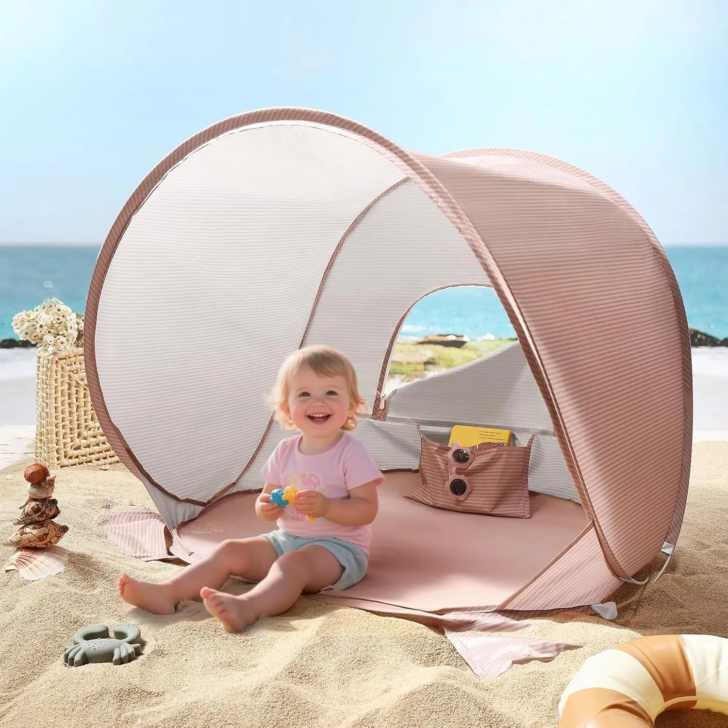 Tiny Land Baby Beach Tent – Pop Up Baby Tent with UV Protection, Portable Baby Beach Essentials, 35"x28"x32" Sun Shelter for Infants, Baby Outdoor Use (Pink)