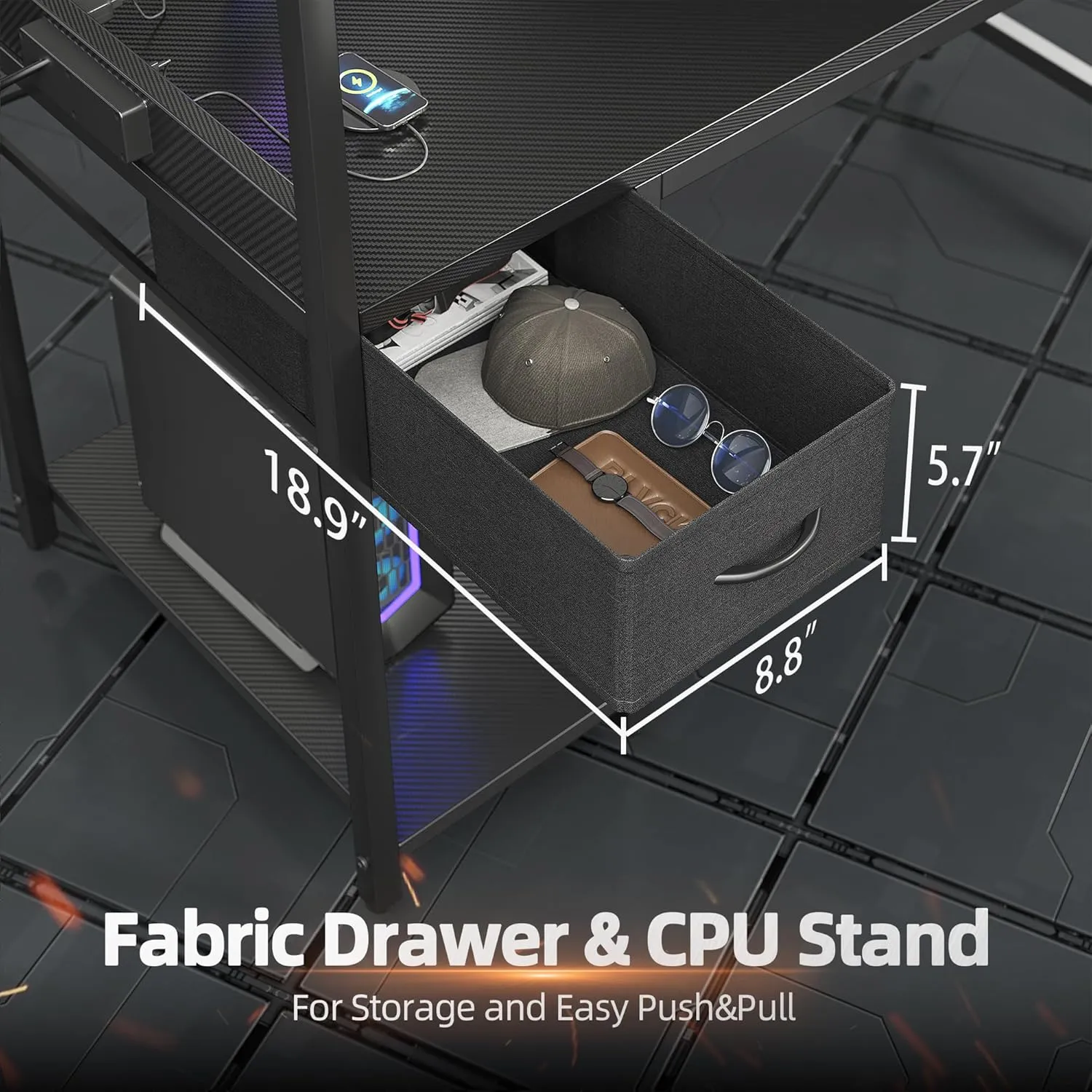 TIQLAB Gaming Desk 47 inch with Power Outlet and LED Light, Computer Desk with Reversible Shelves and Storage Drawer, Small PC Desk for Home Office Table with Bag, Carbon Fiber Black