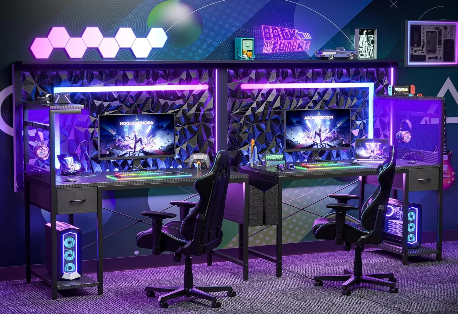 TIQLAB Gaming Desk 47 inch with Power Outlet and LED Light, Computer Desk with Reversible Shelves and Storage Drawer, Small PC Desk for Home Office Table with Bag, Carbon Fiber Black