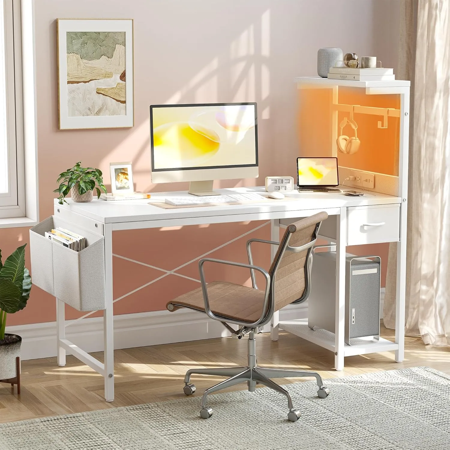 TIQLAB Gaming Desk 47 inch with Power Outlet and LED Light, Computer Desk with Reversible Shelves and Storage Drawer, Small PC Desk for Home Office Table with Bag, Carbon Fiber White