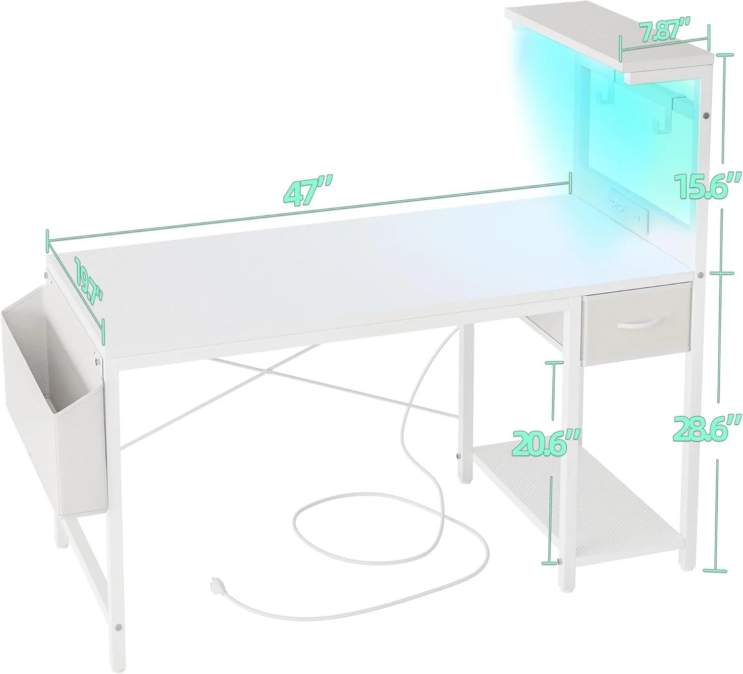 TIQLAB Gaming Desk 47 inch with Power Outlet and LED Light, Computer Desk with Reversible Shelves and Storage Drawer, Small PC Desk for Home Office Table with Bag, Carbon Fiber White