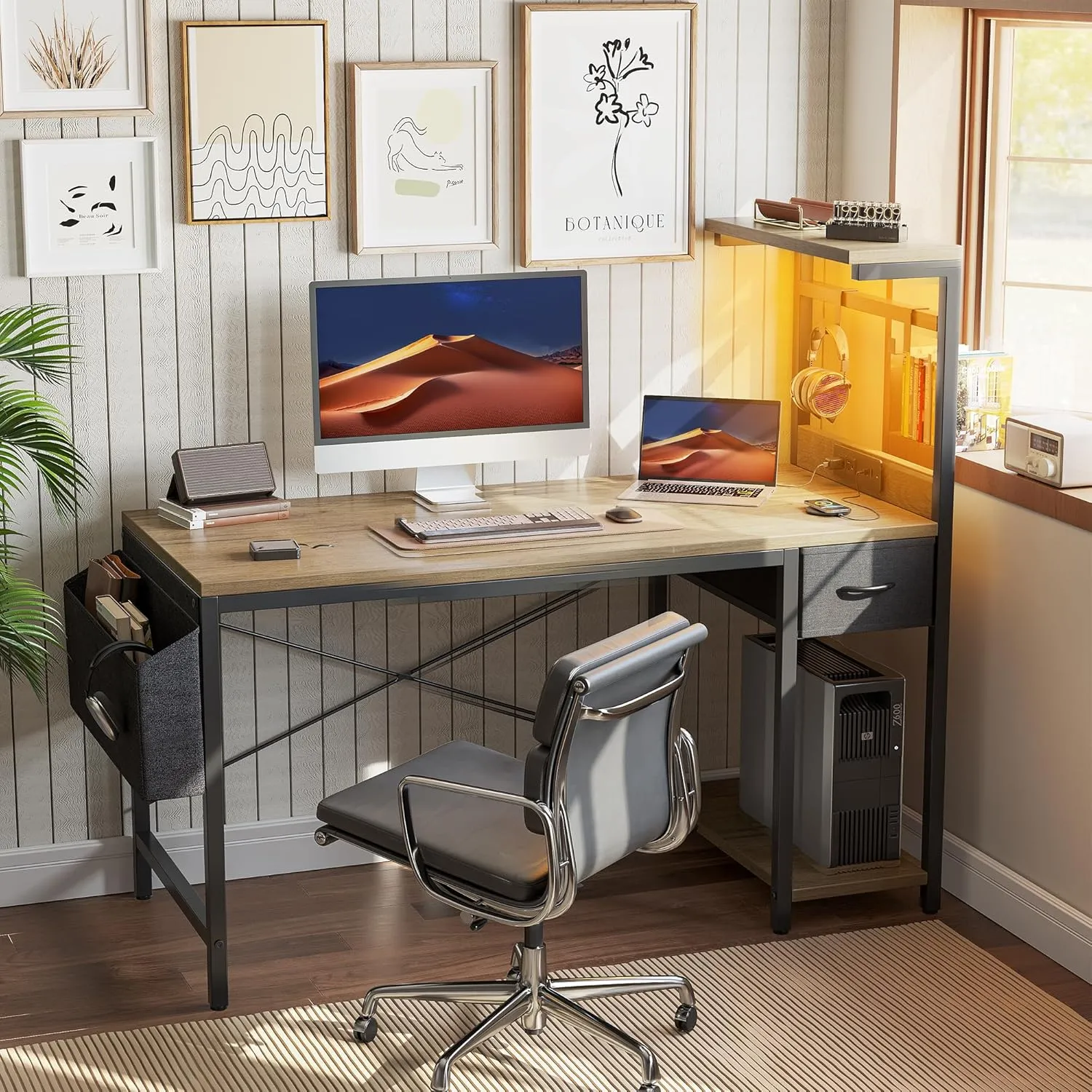 TIQLAB Gaming Desk 47 inch with Power Outlet and LED Light, Computer Desk with Reversible Shelves and Storage Drawer, Small PC Desk for Home Office Table with Bag, Gray