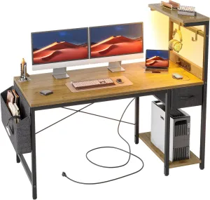 TIQLAB Gaming Desk 47 inch with Power Outlet and LED Light, Computer Desk with Reversible Shelves and Storage Drawer, Small PC Desk for Home Office Table with Bag, Gray