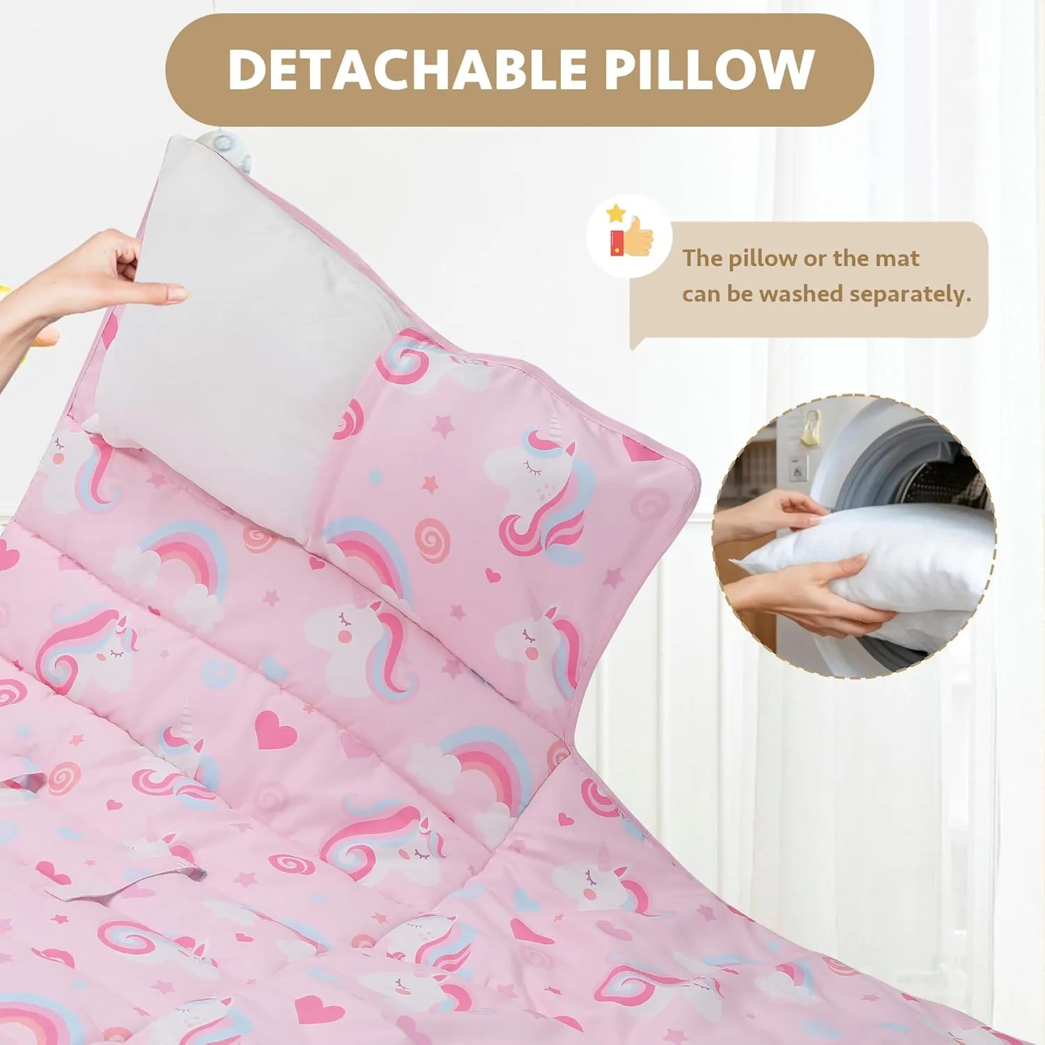 Toddler Nap Mat with Detachable Pillow & Blanket - Soft Plush Minky Fleece Kids Sleeping Bag for Daycare, Preschool & Travel - Portable Roll-Up Design with Carry Handle - Boys Girls Ages 3 