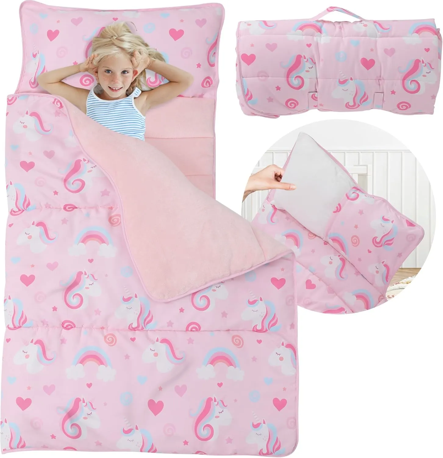 Toddler Nap Mat with Detachable Pillow & Blanket - Soft Plush Minky Fleece Kids Sleeping Bag for Daycare, Preschool & Travel - Portable Roll-Up Design with Carry Handle - Boys Girls Ages 3 