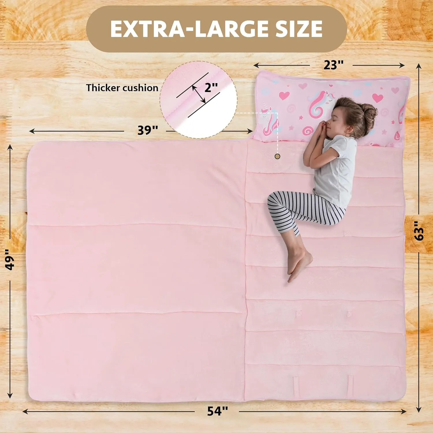 Toddler Nap Mat with Detachable Pillow & Blanket - Soft Plush Minky Fleece Kids Sleeping Bag for Daycare, Preschool & Travel - Portable Roll-Up Design with Carry Handle - Boys Girls Ages 3 